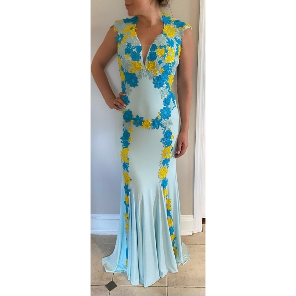 Jovani Light Blue Gown with Flowers